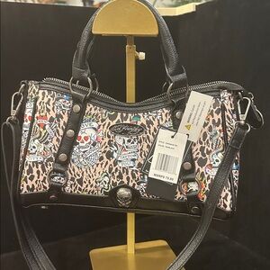 NWT Ed Hardy Y2K Leopard Print and Black Satchel Rinestones a plus